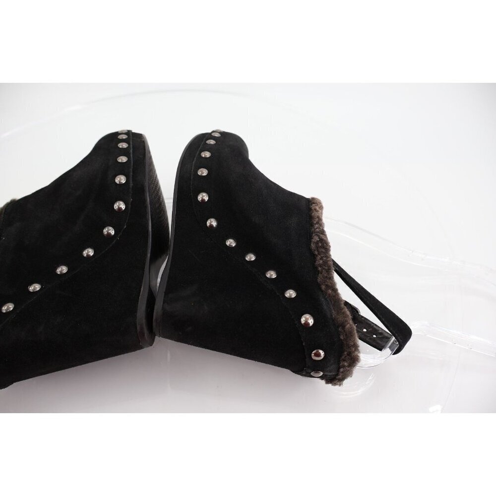 Stuart Weitzman Clogger Mules Women's Size 5.5 Black Wedge Platform Suede Fur - Picture 8 of 12